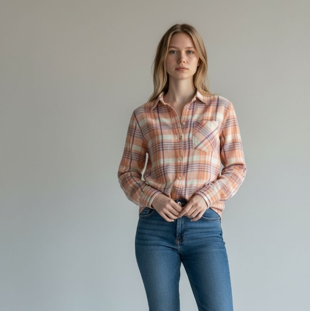 J Crew Factory Button Front Peach White Plaid Shirt Size XS